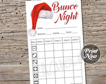 Santa hat bunco score card, score sheet, Christmas bunko party, scorecard, bunco theme group, printable template, instant digital download