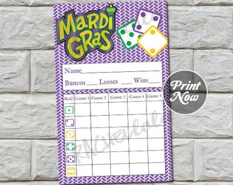 Mardi Gras Bunco score card, score sheet, February bunko party, scorecard, bunco theme group, printable template, instant digital download