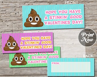 Poop Emoji Valentine bag topper, Valentine's day card, kids, printable, school party favor, gift, candy, treat, boy, girl, Instant download