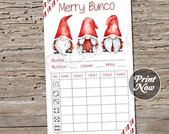 Christmas Gnome Bunco score card, Score sheet, Bunko party, December Holiday Scorecard, Printable template, Instant digital download, Winter