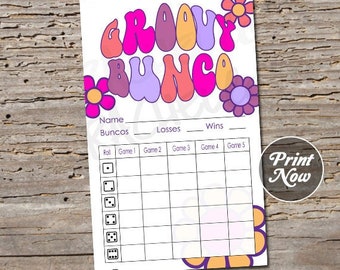 Retro Groovy bunco score card, score sheet, 60s, 70s, Flower, bunko party, scorecard, Trendy, printable template, instant digital download