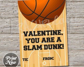 Basketball Valentine's day card for kids, Printable template, You are a slam dunk, Sports, School party favor, Instant download, digital