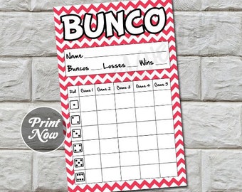 Pink chevron bunco score card, score sheet, summer bunko party, scorecard, spring theme group, printable template, instant download digital