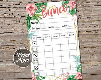 Tropical Luau Bunco bash scorecard, Score sheet, Bunko party, pool, Floral Spring score card, Summer printable template Instant download