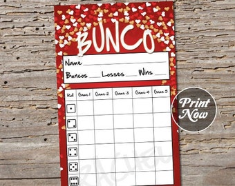 Valentine Bunco score card, Score sheet, Red heart Bunko party, February Scorecard, Printable template, Bachelorette, Instant download