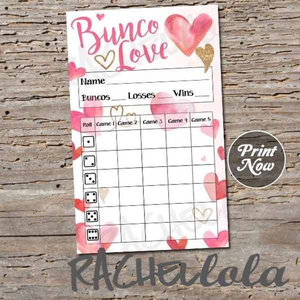 Valentine Bunco score card, Score sheet, Heart love Bunko party, February Scorecard, Wedding printable template, instant digital download