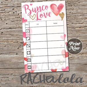 Valentine Bunco, Table tally sheets, Us them cards, Score note, Bunko, February, Heart, Love, Instant digital download, Printable template image 1