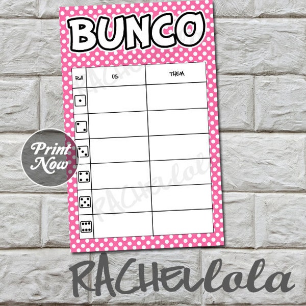 Pink polka dot bunco table tally sheets, us them tally cards, score note card, bunko game night instant digital download, printable template