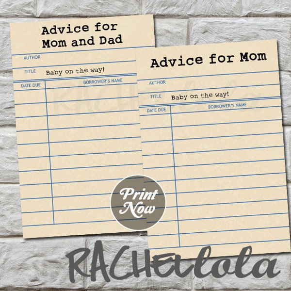 Library card advice for mom and dad, Book baby shower advice cards, Gender neutral party game, Printable template, Instant digital download