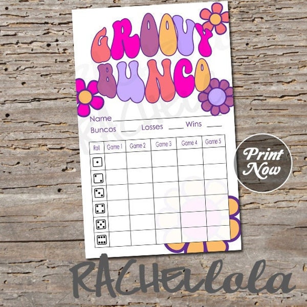 Retro Groovy bunco score card, score sheet, 60s, 70s, Flower, bunko party, scorecard, Trendy, printable template, instant digital download