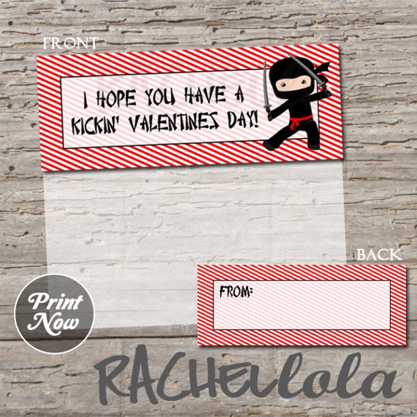 Ninja Valentine bag topper, Red, kickin' Valentine's day card, kids, printable goodie bag, school party favor, Instant download, Boy, Girl