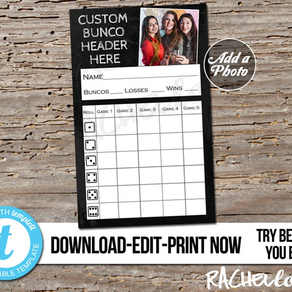 Editable custom Bunco Score card, Bunko Score Sheet, Chalk Printable Template, Party photo, Group Girls night theme, Winter Instant download