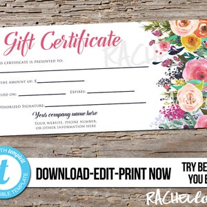 Gift Certificate template, Flowers, Photography coupon voucher, Salon, Mothers day, Instant download, Templett, Editable Custom Printable image 1