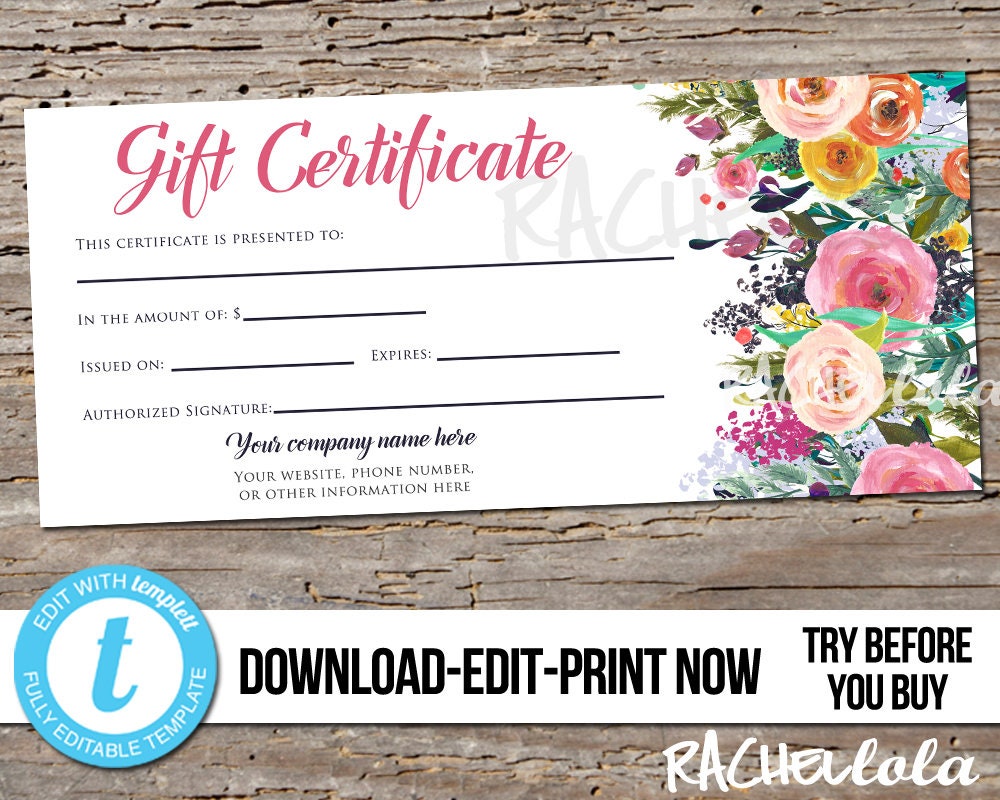 Editable Custom Printable Gift Certificate template, Flowers, Photography  voucher, Salon, Business, Mothers day, Instant download, Templett Regarding Custom Gift Certificate Template