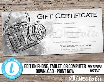 Editable Custom Printable Photography Gift Certificate template, Photo session voucher card, Camera, Photographer, Instant download Templett