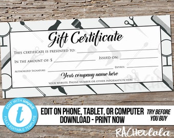 Editable Custom Hair Salon Gift Certificate, Printable template, Barber, Men Hair stylist voucher, Digital, instant download, Templett, Gray