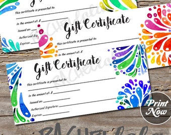 Printable Gift Certificate template, Spring, Summer, Fun colorful, Photography session, Art, Paint, Water, Kids, Instant download, boutique