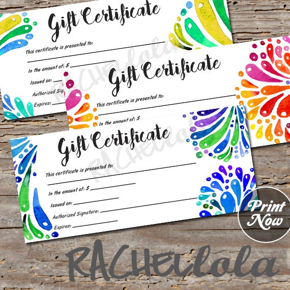 Printable Gift Certificate template, Spring, Summer, Fun colorful, Photography session, Art, Paint, Water, Kids, Instant download, boutique Il_570xn