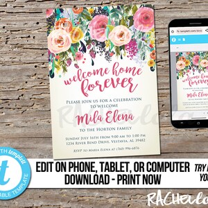 Bewerkbare bloemen aquarel adoptie baby shower uitnodiging voor feest, welkom thuis voor altijd, afdrukbare digitale sjabloon, meisje, tuin, Templett