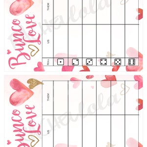 Valentine Bunco, Table tally sheets, Us them cards, Score note, Bunko, February, Heart, Love, Instant digital download, Printable template image 2