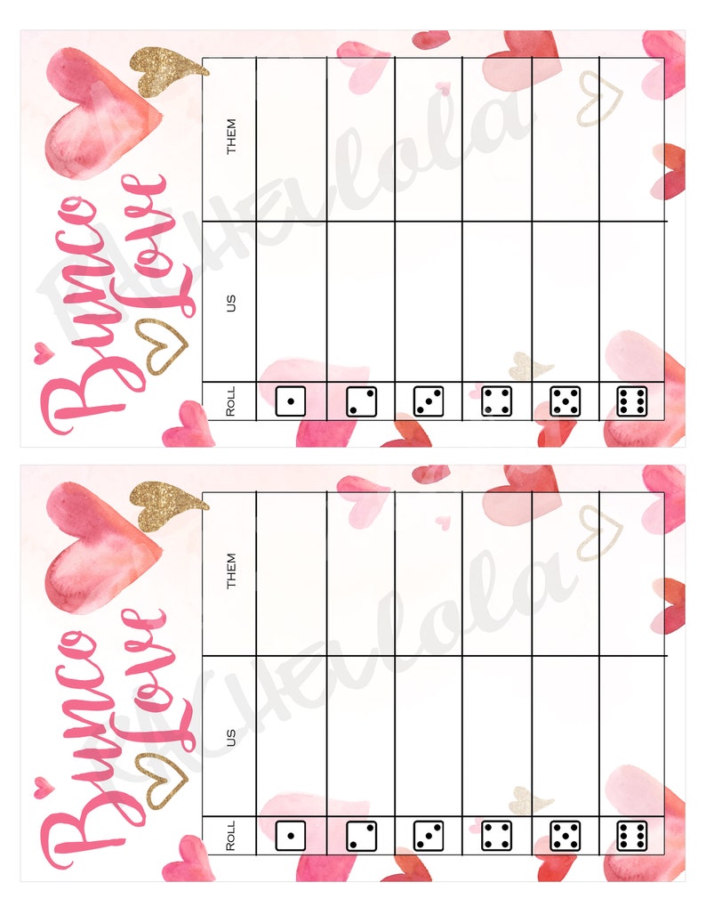 Valentine Bunco, Table tally sheets, Us them cards, Score note, Bunko, February, Heart, Love, Instant digital download, Printable template image 2