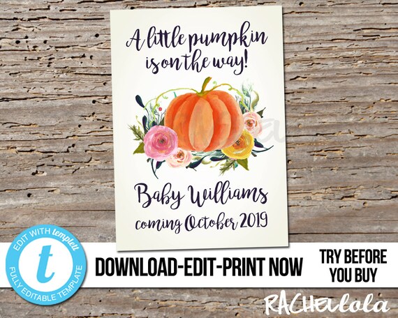 Editable pregnancy announcement sign, A little pumpkin is on the way, Fall Baby, Girl, Boy, Printable template, Instant digital download Il_570xn
