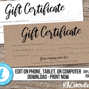 Editable Rustic Kraft Printable Gift Certificate template, Photography voucher, Mothers day, Christmas, Digital instant download Templett image 1