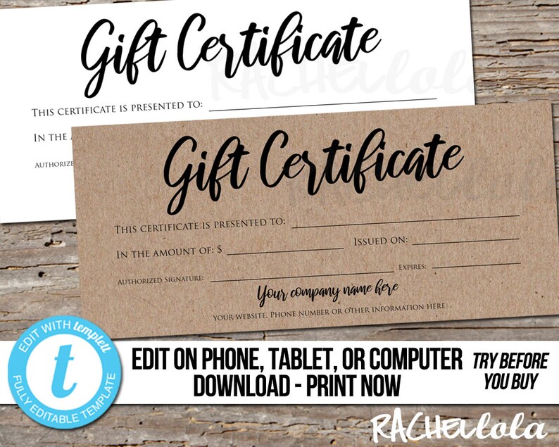 Editable Rustic Kraft Printable Gift Certificate template, Photography voucher, Mothers day, Christmas, Digital instant download Templett image 1