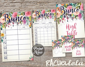 Floral Bunco Bundle, Spring flower Scorecard Tally, Table Signs, Score sheet, Summer Party, Printable template Instant digital download