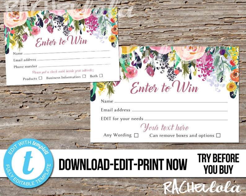 Editable Raffle ticket template, Printable door prize entry form, Enter to win giveaway, Photography session, Instant download, Templett image 1