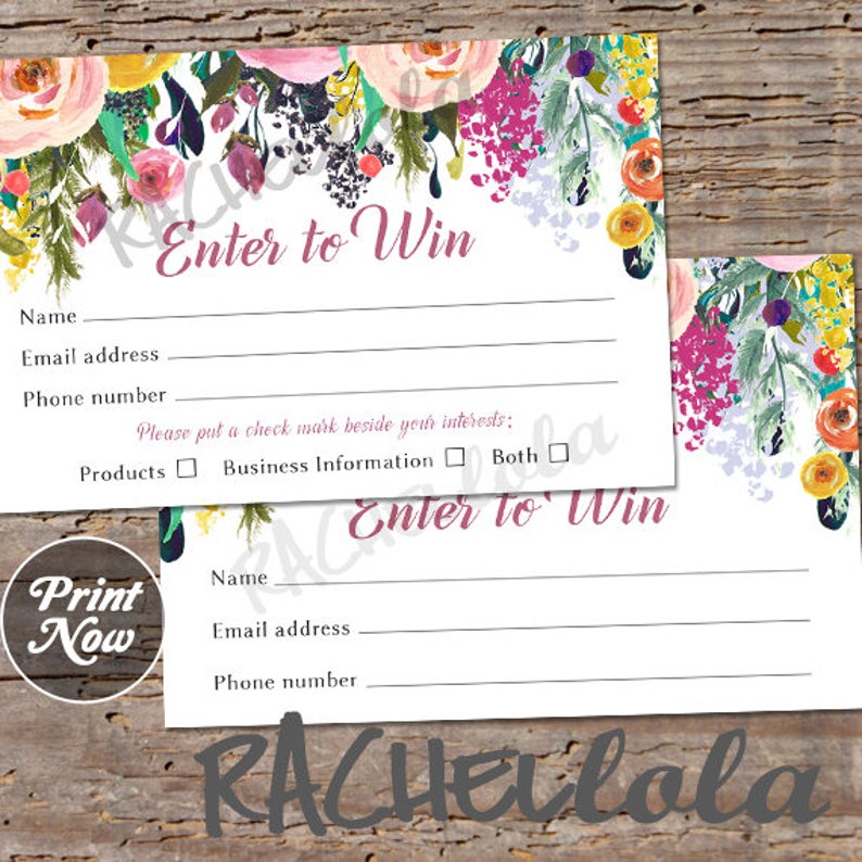 Printable Raffle ticket template, Door prize entry form, Enter to win giveaway, Photography session, Instant download, Direct sales, Floral image 1