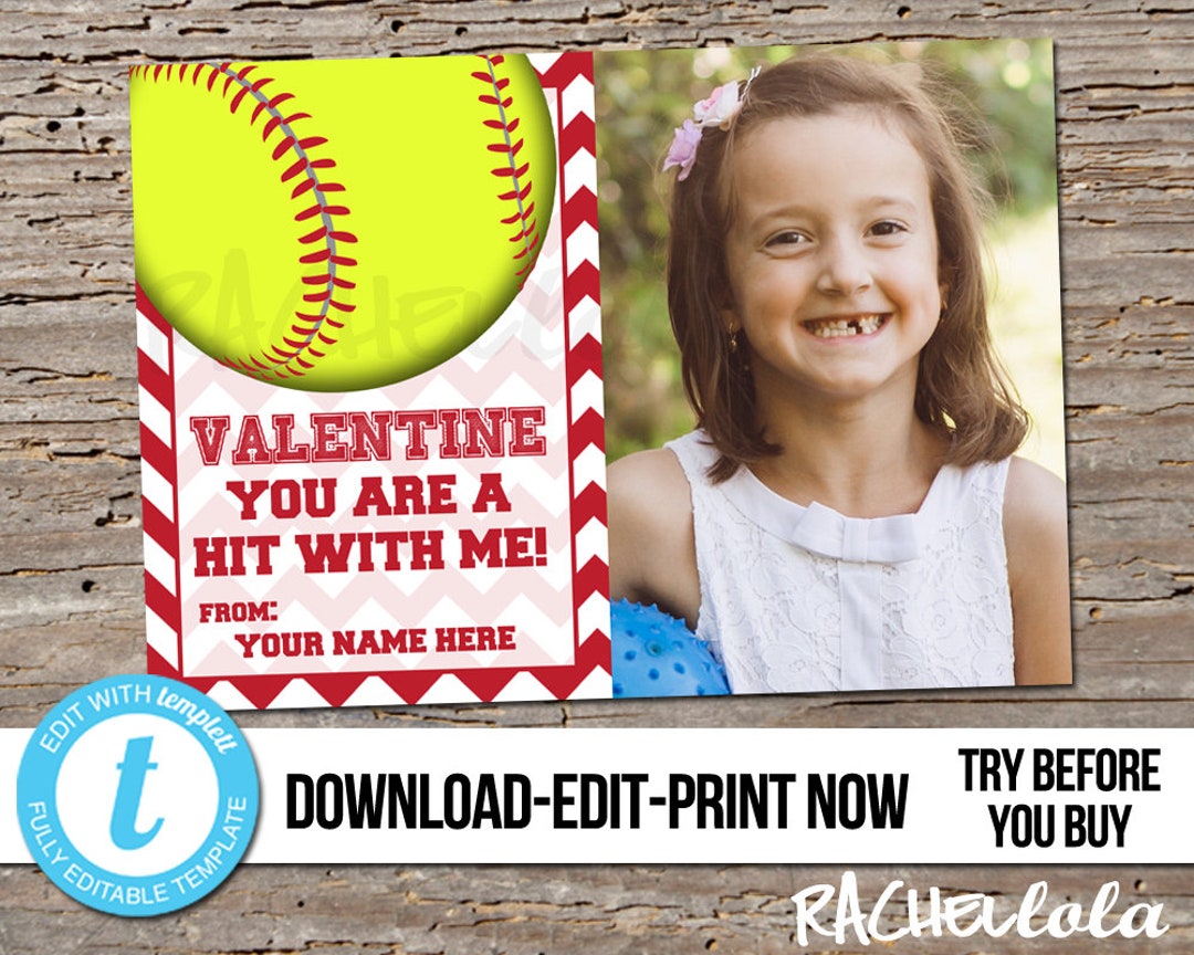 Softball Valentine With Photo Editable Custom Valentine's Etsy