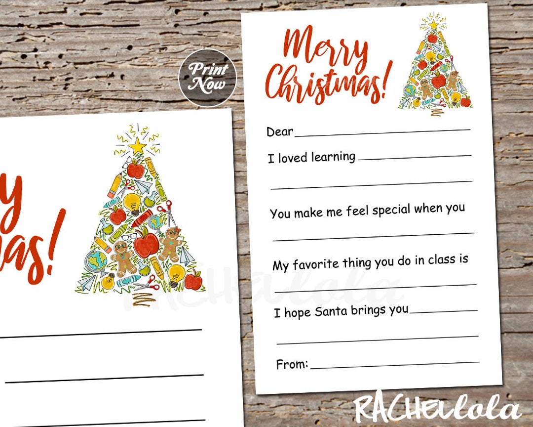 Christmas Card for Teacher, Thank You Note Printable, Kids, School Teacher Holiday Gift, Fill in