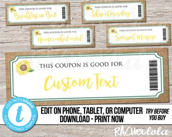 Sunflower Coupon gift certificate template, Rustic kraft Valentine, Birthday, Mothers day, Date night, Digital, Editable custom printable