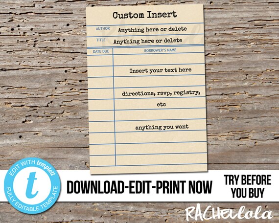 Library card invitation insert, Printable Template, Thank You, Detail, RSVP Response, Book Baby, Birthday, Instant download, Editable custom Il_570xn