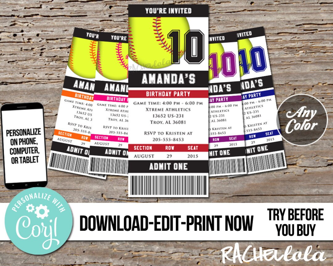 Editable Softball Ticket Birthday Invitation Printable Etsy