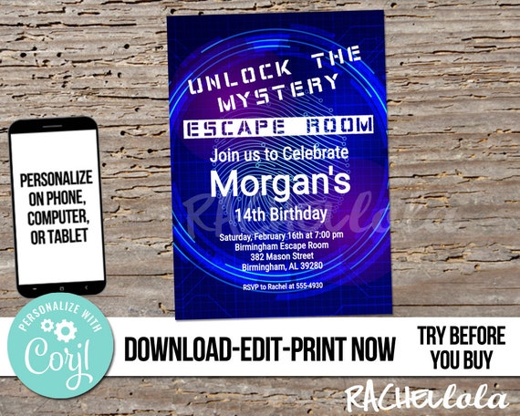 Editable Escape Room Birthday party invitation, Printable template Breakout room, Unlock, boy, girl, Digital instant download, Corjl, DIY Il_570xn