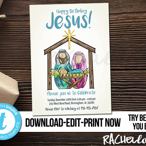 Editable Happy Birthday Jesus Invitation Nativity Kids - Etsy
