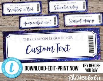 Editable custom printable Coupon template, Gift certificate, Valentine, Birthday, Love, Mothers day, Star, Concert, Date night, Digital, DIY