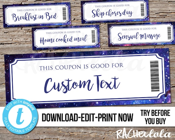 Editable custom printable Coupon template, Gift certificate, Valentine, Birthday, Love, Mothers day, Star, Concert, Date night, Digital, DIY Il_570xn