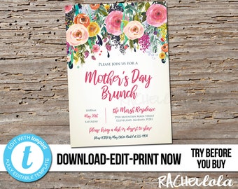 Editable Flower Mother's day Brunch invitation, Floral Printable digital template, mother daughter tea party invite, Spring Church, Templett