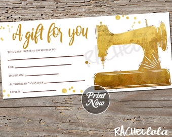 Printable Sewing Machine Gift Certificate template, Gold Appliqué, Alterations, Monogram business, Sew voucher, Instant download, Digital