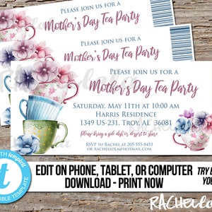 Druckbare bearbeitbare Blumen Teeparty Einladungskarte Vorlage, Muttertag, Digital, Frühling, Kirche, Schule, Templett, Sofort Download