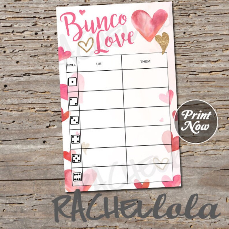 Valentine Bunco, Table tally sheets, Us them cards, Score note, Bunko, February, Heart, Love, Instant digital download, Printable template image 1