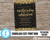 Editable Black & Gold Glitter Mother's day Celebration invitation, Printable digital template, brunch party invite, Spring Church, Templett Il_170x135