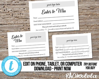 Editable Raffle ticket template, Printable door prize entry form, Enter to win giveaway, Photography, Instant download, Custom, Templett