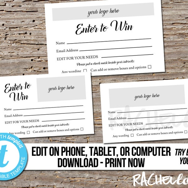 Editable Raffle ticket template, Printable door prize entry form, Enter to win giveaway, Photography, Instant download, Custom, Templett