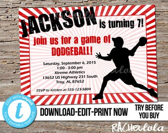 Editable Dodgeball birthday party invitation, Printable template, Tournament flyer, Dodge Ball, Boy Girl, Digital instant download, Templett