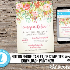 Editable Floral Direct sales party invitation, Printable template, Pink Business, Home launch, Open House, Digital instant download Templett