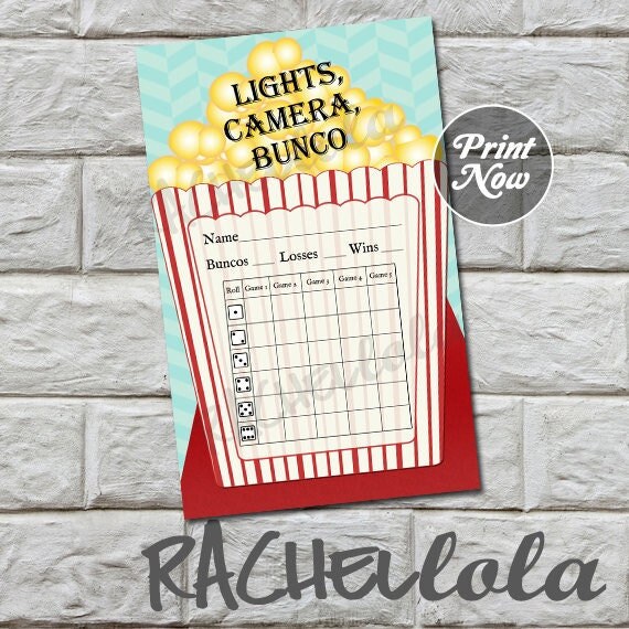 Popcorn bunco score card, score sheet, movie night bunko party